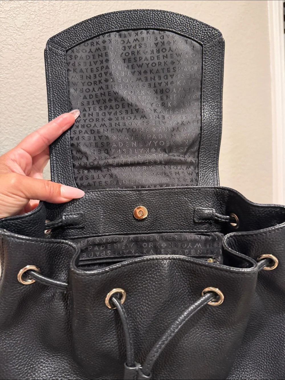 kate spade Black Pebbled Leather Drawstring Backpack